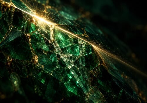 ومضة ذهبية خاطفة تكشف باطن بلورة زمردية ترمز إلى البارقة الروحية