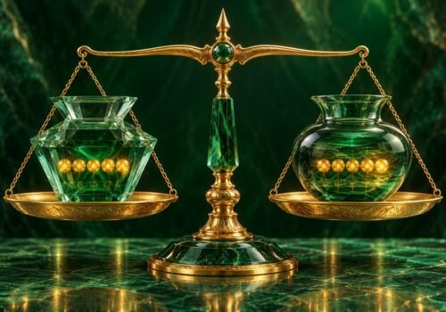 وعاءان مختلفان يحتويان العدد نفسه من الجواهر الذهبية على ميزان متعادل، رمز المساواة الروحية