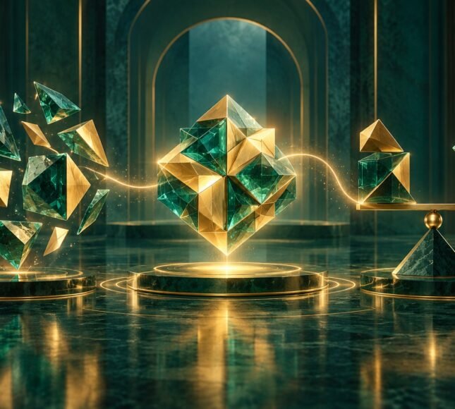 تكوينات هندسية مترابطة ترمز إلى التحليل والتركيب والترجيح