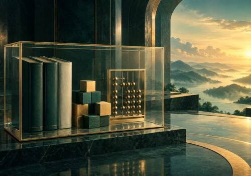 كتب وأشكال هندسية ضمن إطار، وخلفها أفق مضيء