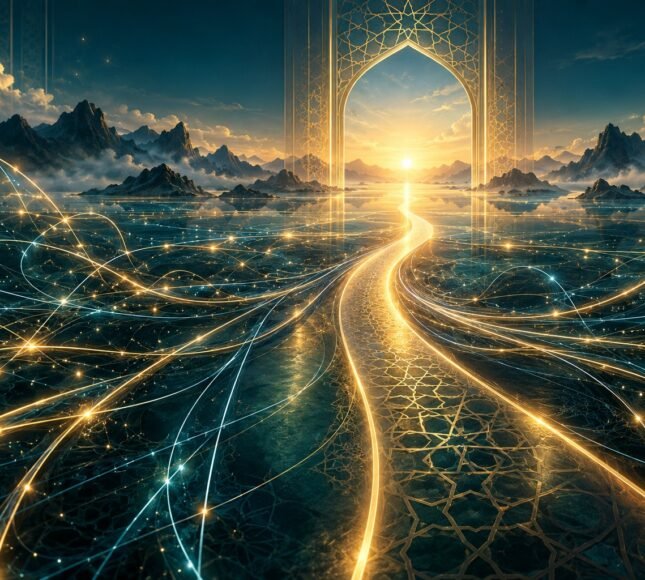 مسار ذهبي يجمع خيوط الضوء المتناثرة نحو أفق هادئ، رمز للوعي في مواجهة التشتت