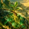 زَكَى روحيّاً: لوحة رقمية لبرعم زمردي ينمو من حجر متشقق نحو ضوء ذهبي، رمزاً للنماء الروحي والتنقية.