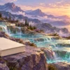 لوحة رقمية لكتاب مغلق بغلاف عاجي خالٍ من الكتابة على صخرة، بجانب شلالات فيروزية وجبال يضيئها شروق ذهبي.