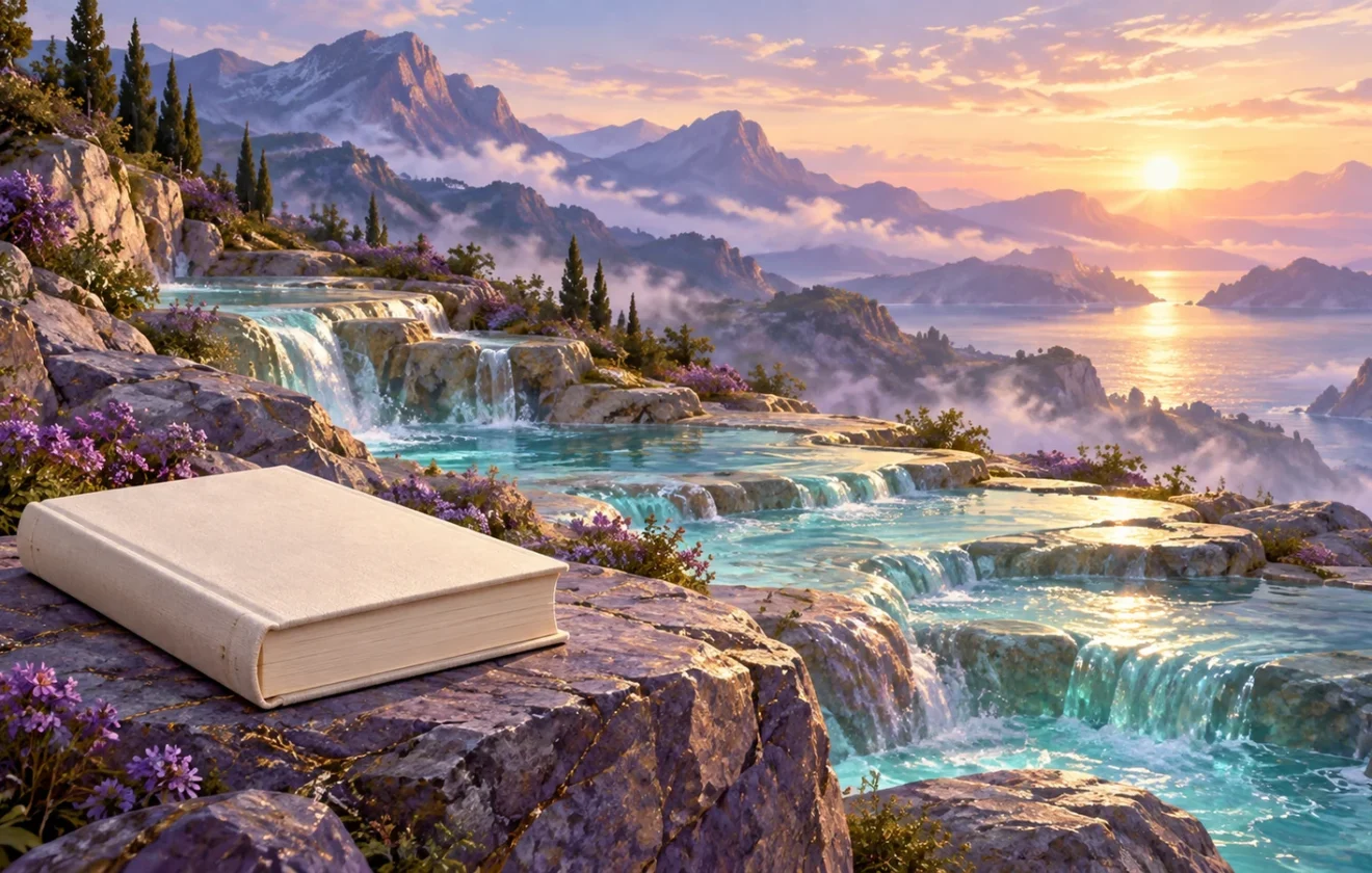 لوحة رقمية لكتاب مغلق بغلاف عاجي خالٍ من الكتابة على صخرة، بجانب شلالات فيروزية وجبال يضيئها شروق ذهبي.