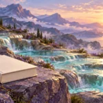 لوحة رقمية لكتاب مغلق بغلاف عاجي خالٍ من الكتابة على صخرة، بجانب شلالات فيروزية وجبال يضيئها شروق ذهبي.